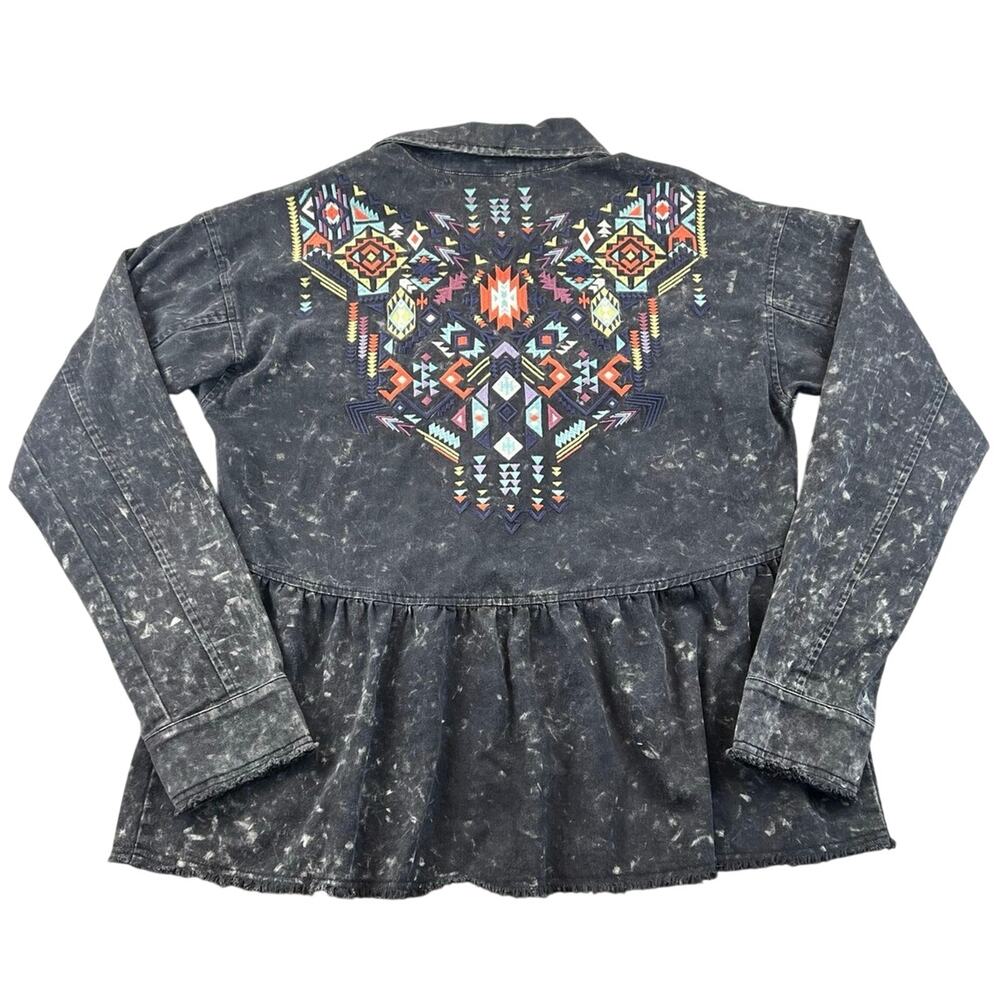 Mystree Acid Wash Peplum Top Embroidered Western Boho Button Shirt Charcoal - M